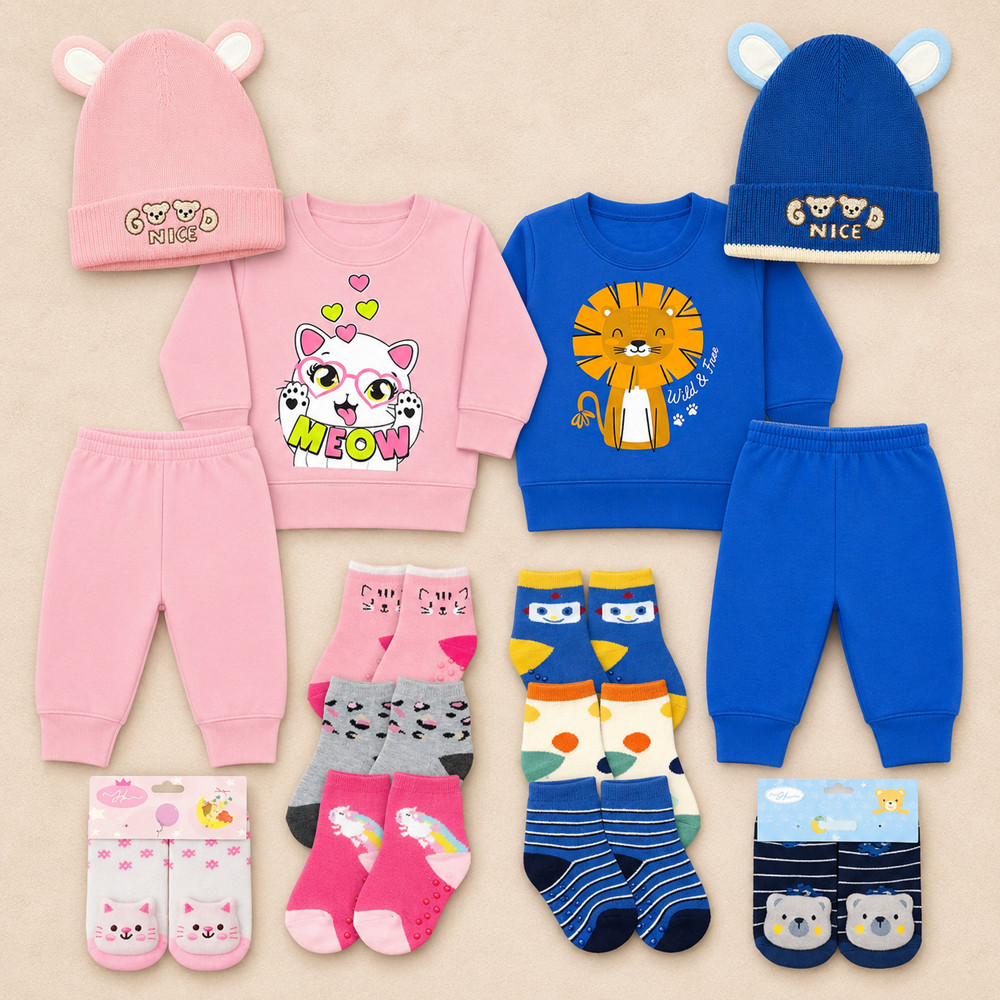 Kit Inverno Bebê 7 Peças Conjunto Moletom Touca Pantufa Meias Royal de 0 a 12 Meses