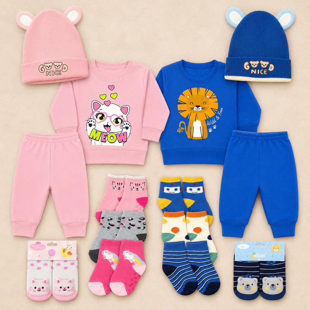 Kit Inverno Bebê 7 Peças Conjunto Moletom Touca Pantufa Meias Rosa de 0 a 12 Meses