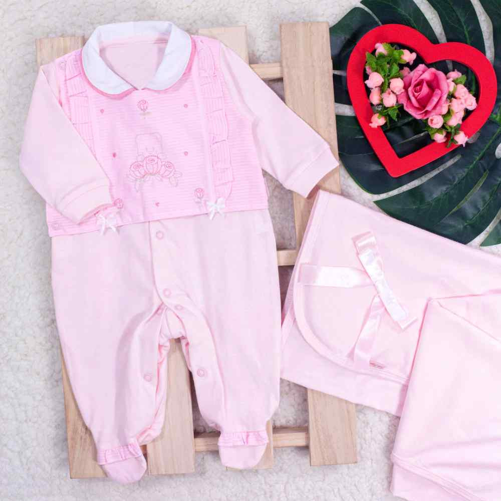 SAÍDA MATERNIDADE EM MALHA 2 PEÇAS MACACÃO E MANTA ROSA CLARO