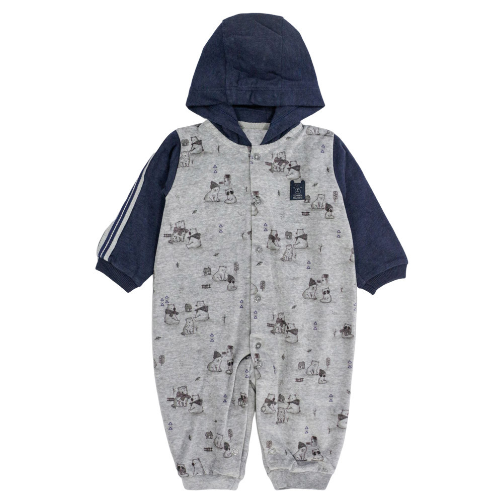 MACACÃO LONGO EM PLUSH COM CAPUZ PARA BEBÊ MENINO ESTAMPADINHO MESCLA
