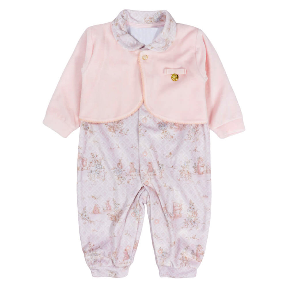 MACACÃO LONGO EM PLUSH PARA BEBÊ MENINA ESTAMPADINHO ROSA CLARO