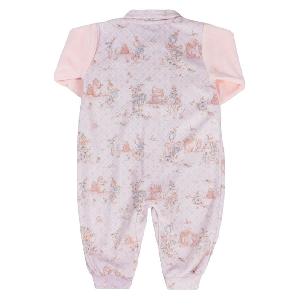 MACACÃO LONGO EM PLUSH PARA BEBÊ MENINA ESTAMPADINHO ROSA CLARO