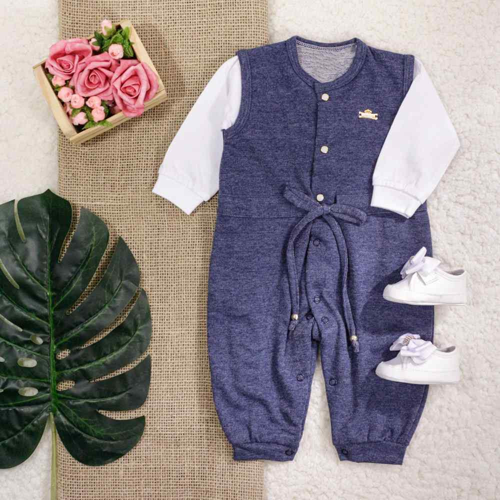 MACACÃO LONGO EM MALHA PARA BEBÊ MENINA COM LACINHO JEANS