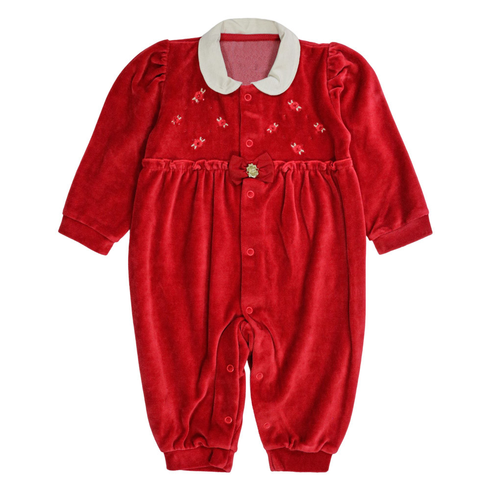 MACACÃO LONGO EM PLUSH PARA BEBÊ MENINA FLORES VERMELHO