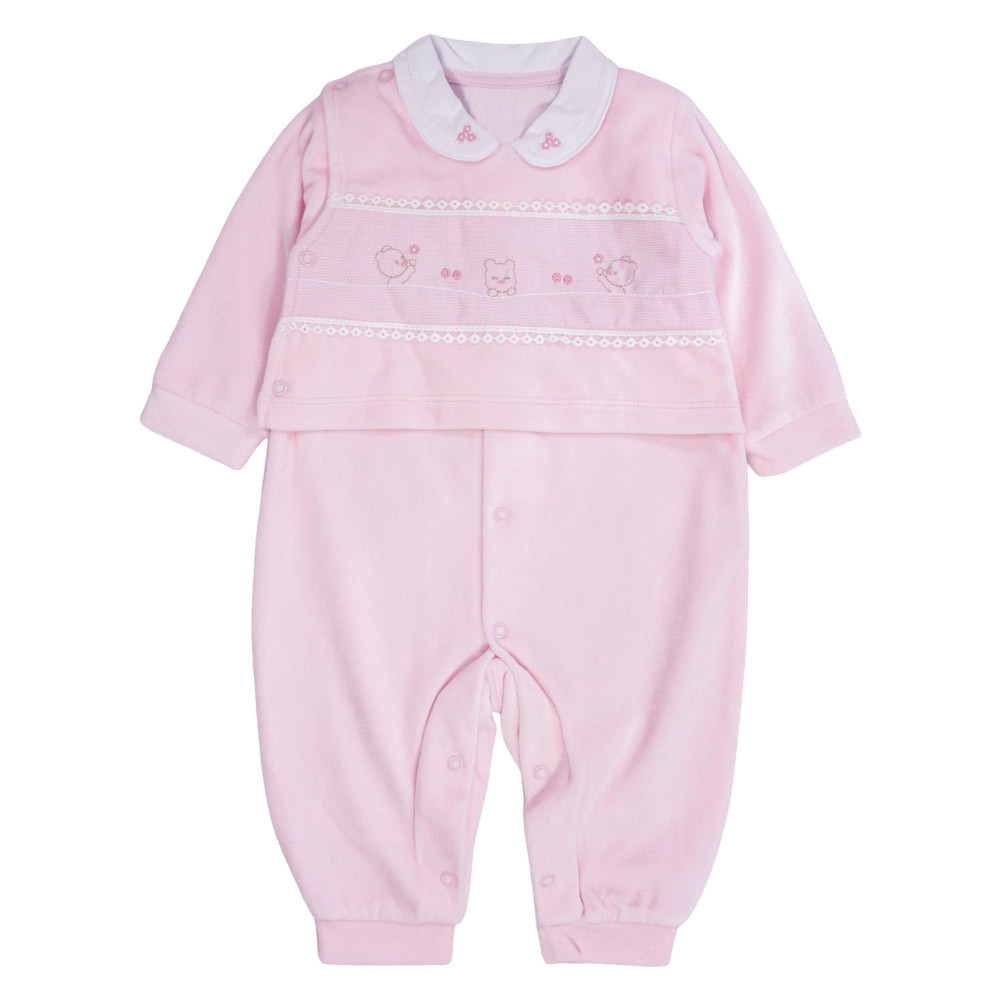 MACACÃO LONGO EM PLUSH PARA BEBÊ MENINA BORDADO FLORZINHAS ROSA CLARO