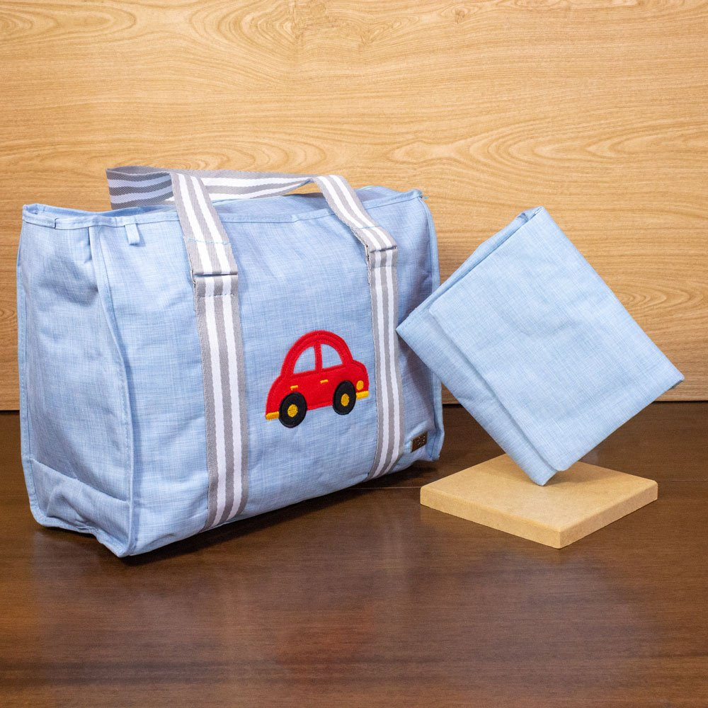 KIT BOLSA MATERNIDADE E TROCADOR MULTIFUNCIONAL BORDADO AZUL CLARO