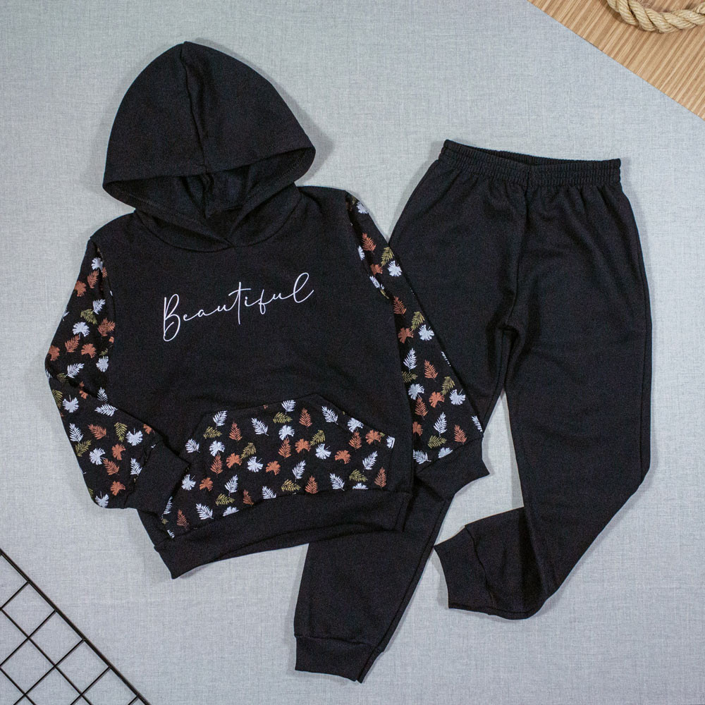 CONJUNTO DE MOLETOM INFANTIL 4 AO 8 COM CAPUZ FOLHINHAS PRETO
