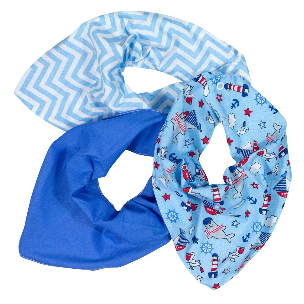 KIT 3 BABADORES PARA BEBÊ BANDANA ESTAMPADINHOS BARQUINHO