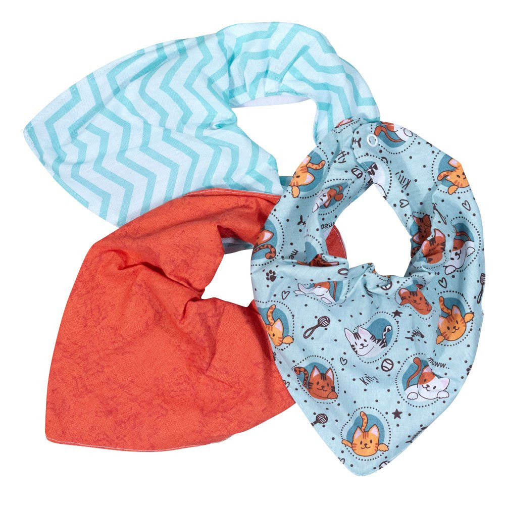 KIT 3 BABADORES PARA BEBÊ BANDANA ESTAMPADINHOS GATINHO
