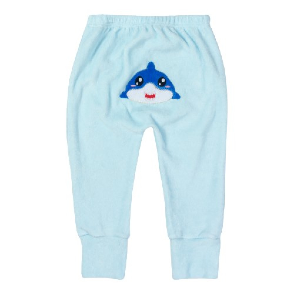 CALÇA PLUSH PARA BEBÊ COM PÉ REVERSÍVEL BUMBUM BORDADO TUBARÃO AZUL CLARO