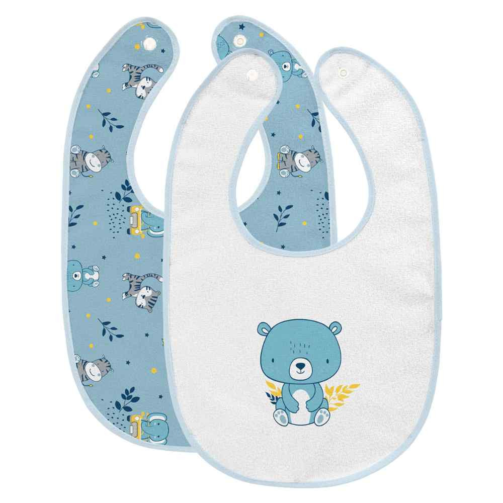 KIT COM 2 BABADORES COM BOTÃO PARA BEBÊ ESTAMPADO BICHINHOS AZUL CLARO