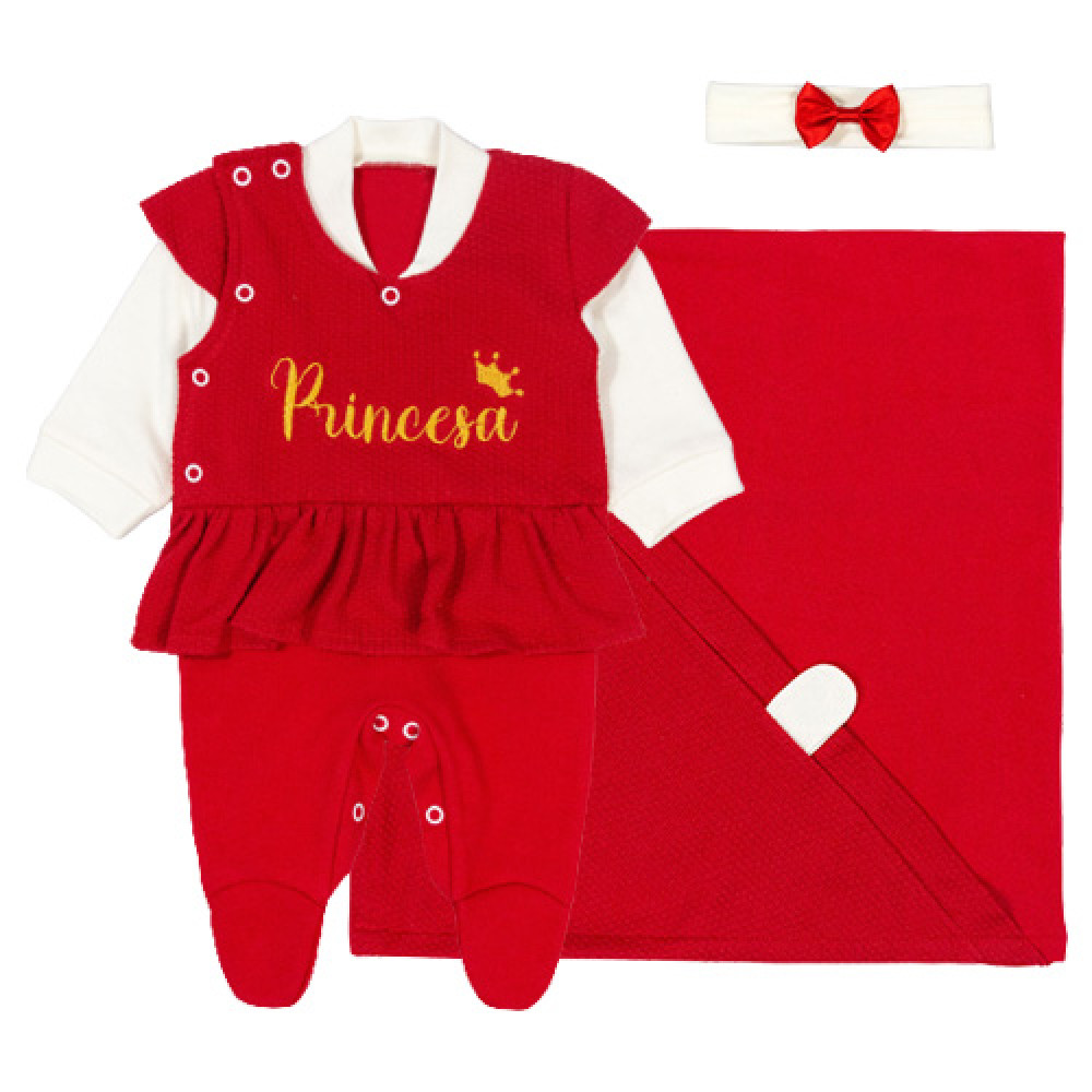 SAÍDA MATERNIDADE SUEDINE 3 PÇS MACACÃO, MANTA E TIARA PRINCESA VERMELHO
