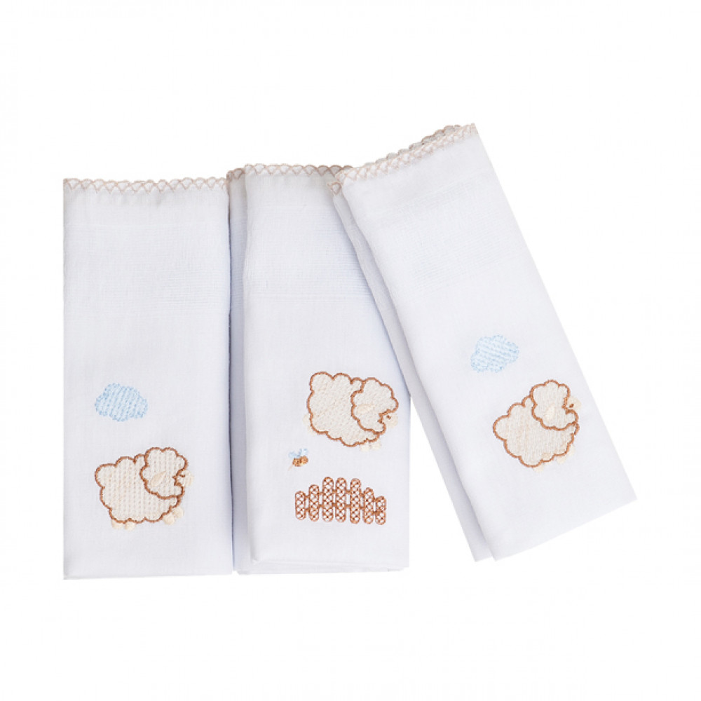 KIT 3 PÇS FRALDA 70CM X 70CM PARA BEBÊ BORDADINHO OVELHINHA