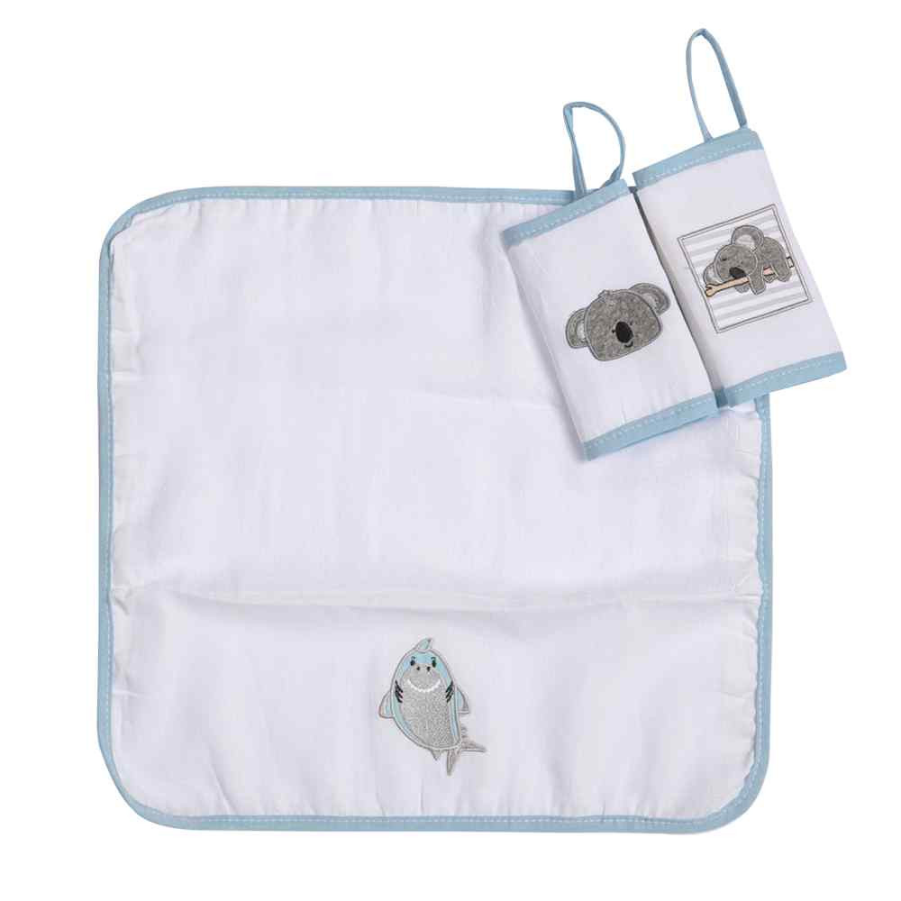KIT 3 BABETES GIFTS SAQUINHO TULE BORDADINHO COALA TUBARÃO AZUL