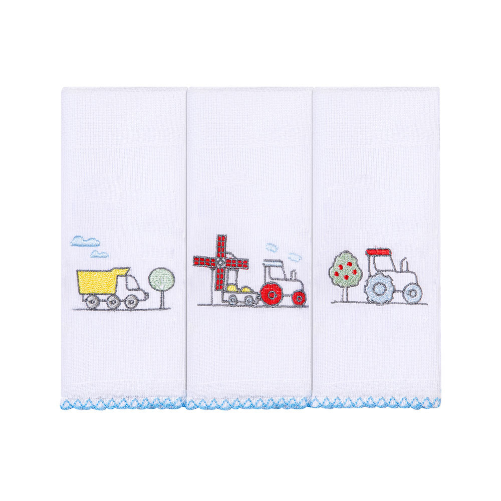 Kit 3 Panos de Boca Bordado Trator Branco para Bebês Meninos