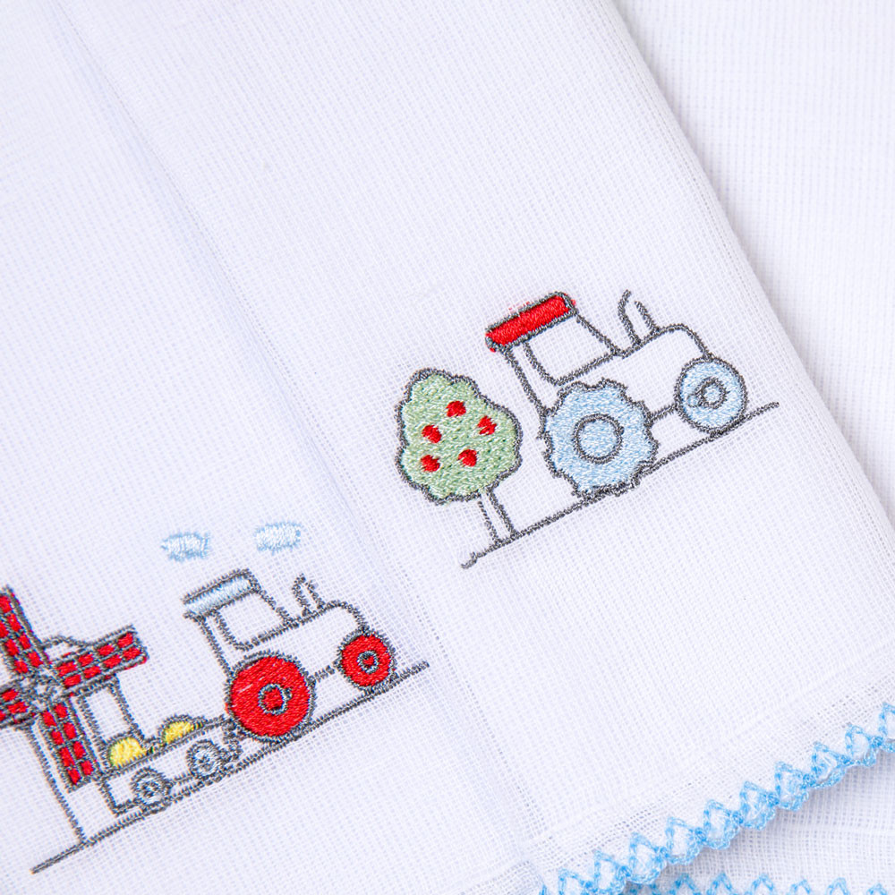 Kit 3 Panos de Boca Bordado Trator Branco para Bebês Meninos