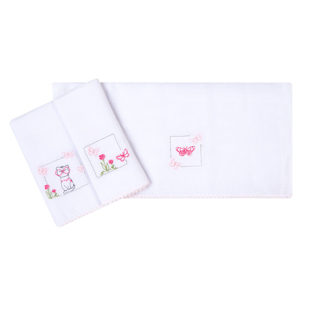Kit 3 Paninhos de Boca Bordado Gatinha e Borboleta Branco