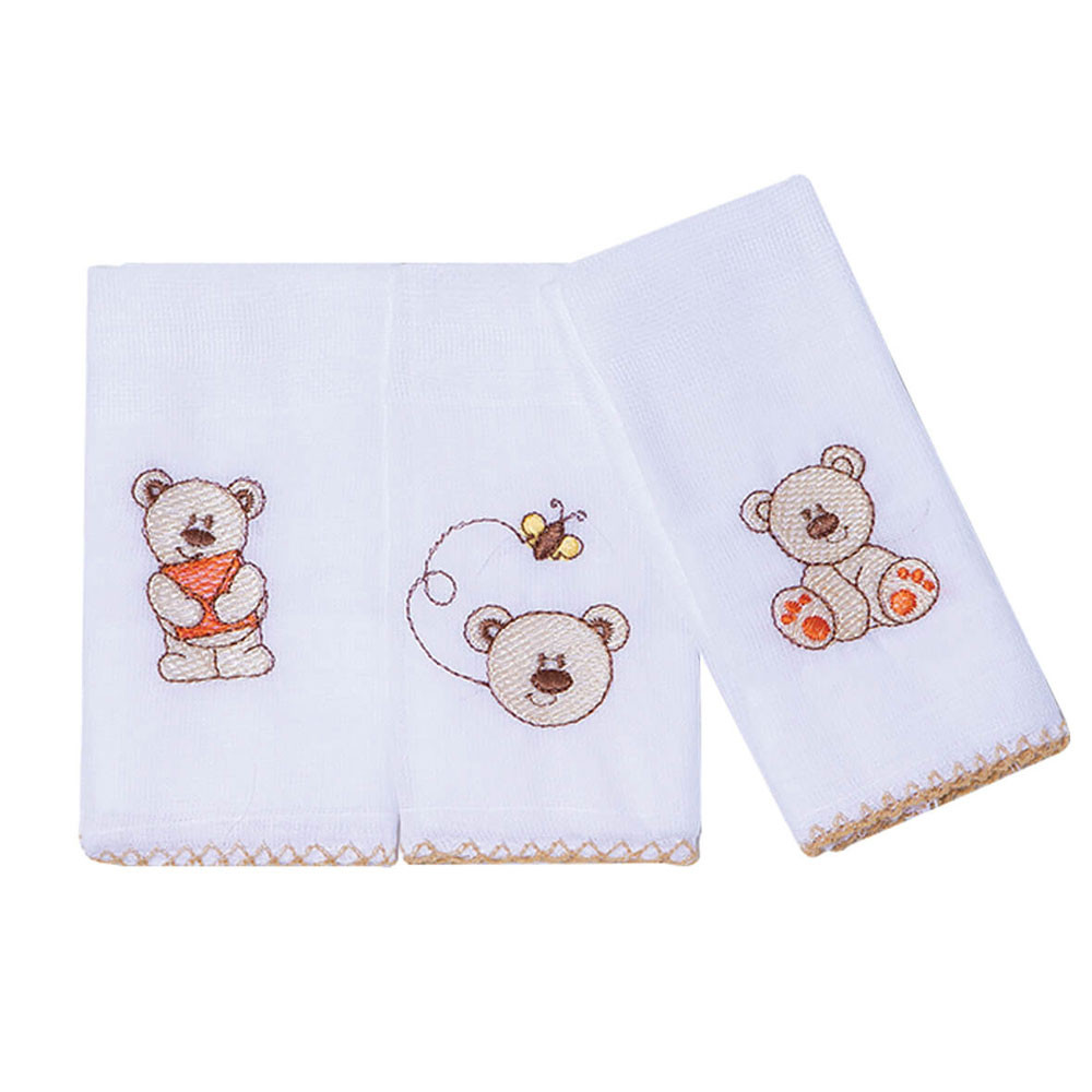 PANO DE BOCA BABETE KIT COM 3 PÇS BORDADO URSO CARTA