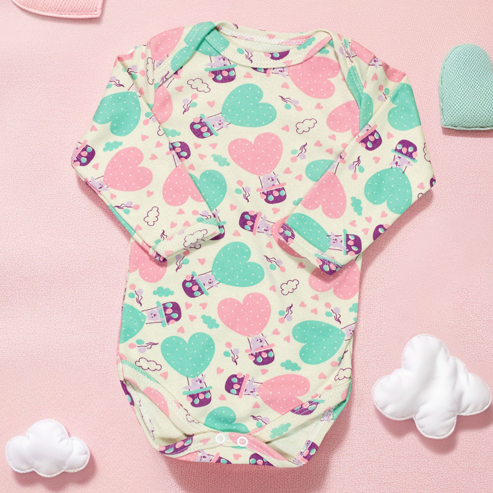 Body para Bebê Manga Longa Estampadinho Balão Coração Bege