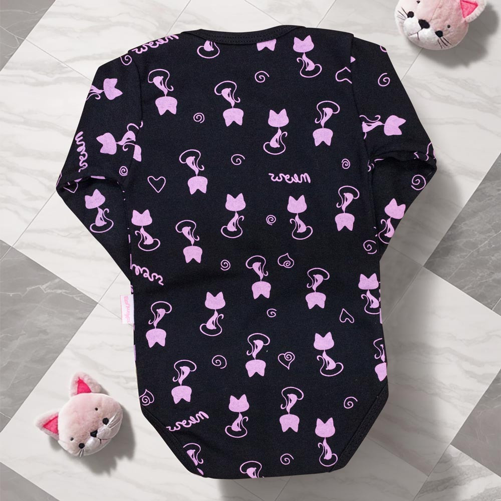 Body de bebê Manga Longa Minimalista Gatinha Preto com Pink