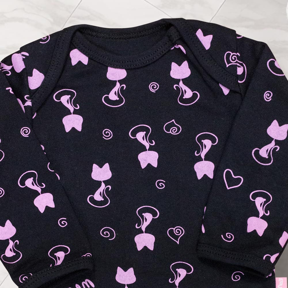 Body de bebê Manga Longa Minimalista Gatinha Preto com Pink