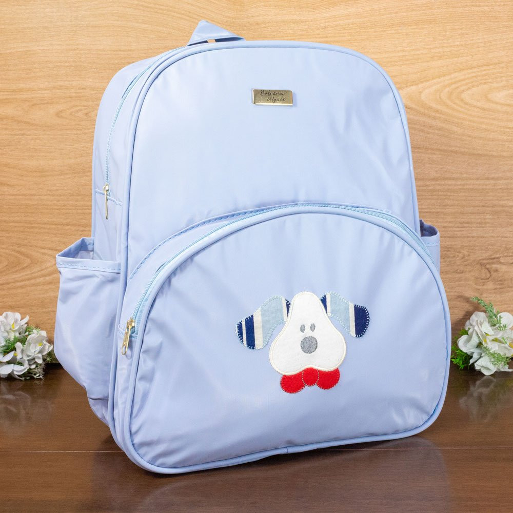 MOCHILA DE MATERNIDADE COM BOLSO BORDADO VARIADO AZUL CLARO