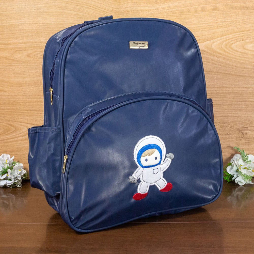 MOCHILA DE MATERNIDADE COM BOLSO BORDADO VARIADO MARINHO