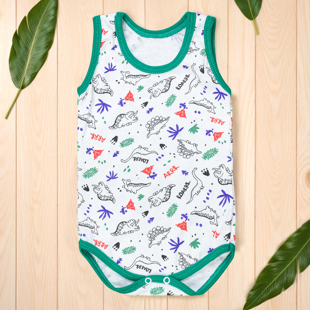 Body Regata Malha Dinossauro Verde - Conforto para Meninos