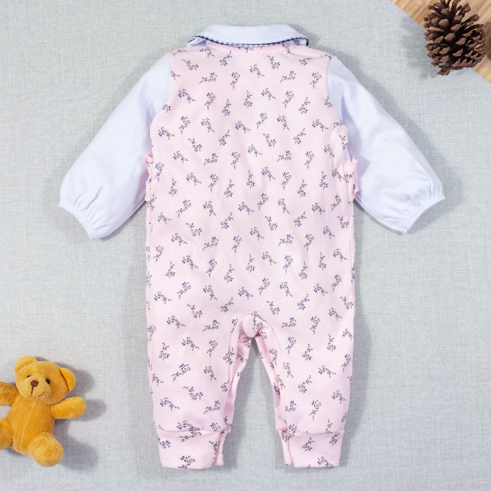 MACACÃO PARA BEBÊ LONGO ESTAMPADINHO FLORZINHAS BABADO ROSA CLARO