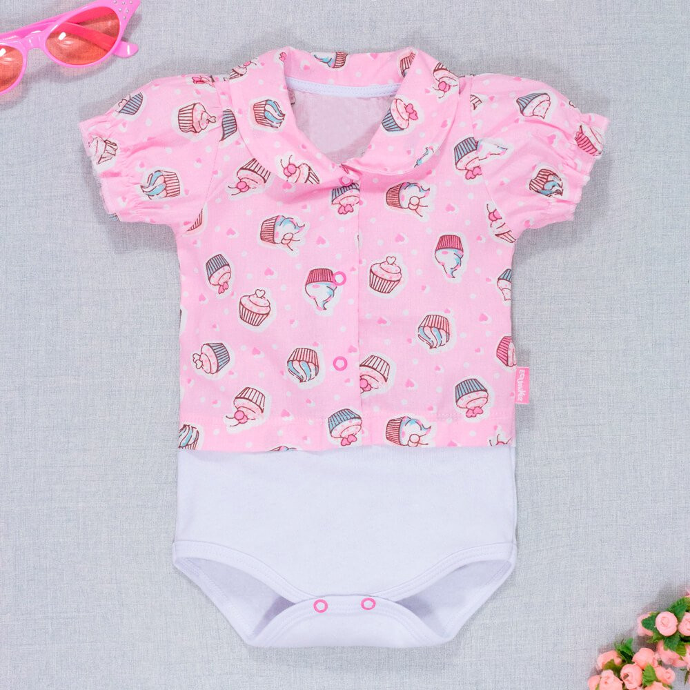 BODY CAMISA MANGA CURTA PARA BEBÊ MENINA CUPCAKE ROSA CLARO