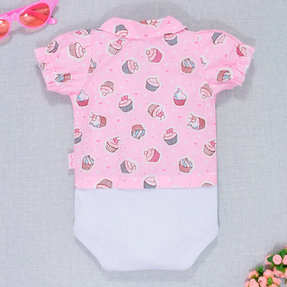 BODY CAMISA MANGA CURTA PARA BEBÊ MENINA CUPCAKE ROSA CLARO