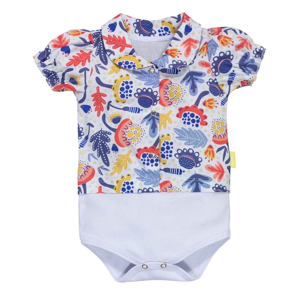 BODY CAMISA MANGA CURTA PARA BEBÊ MENINA FLORAL BRANCO
