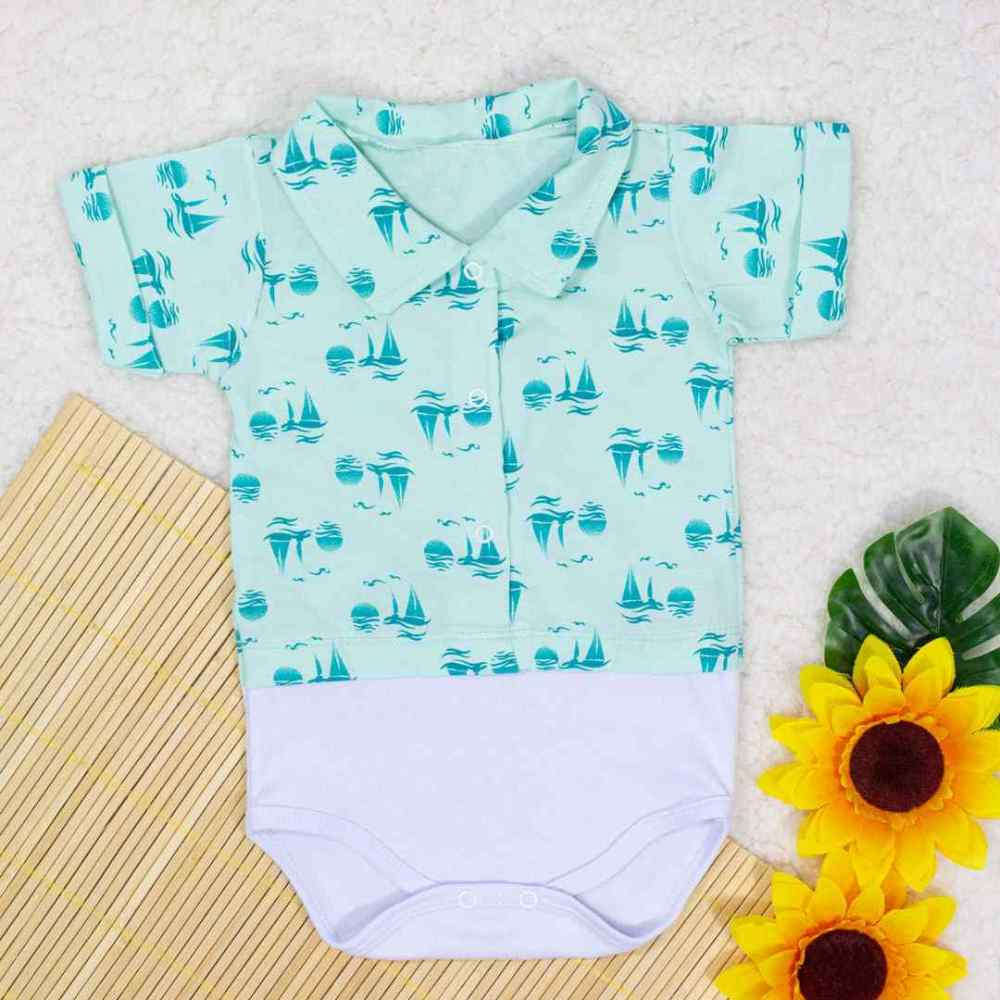 BODY CAMISA MANGA CURTA TRICOLINE PARA BEBÊ BARCO VERDE ÁGUA