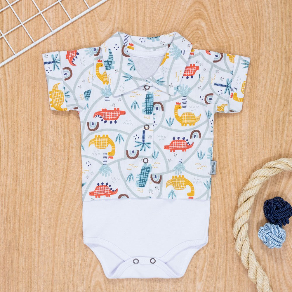 BODY CAMISA PARA BEBÊ MANGA CURTA EM TRICOLINE DINO BRANCO
