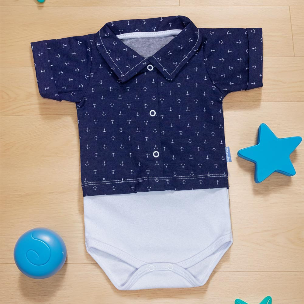 BODY CAMISA PARA BEBÊ MANGA CURTA EM TRICOLINE ANCORA MARINHO