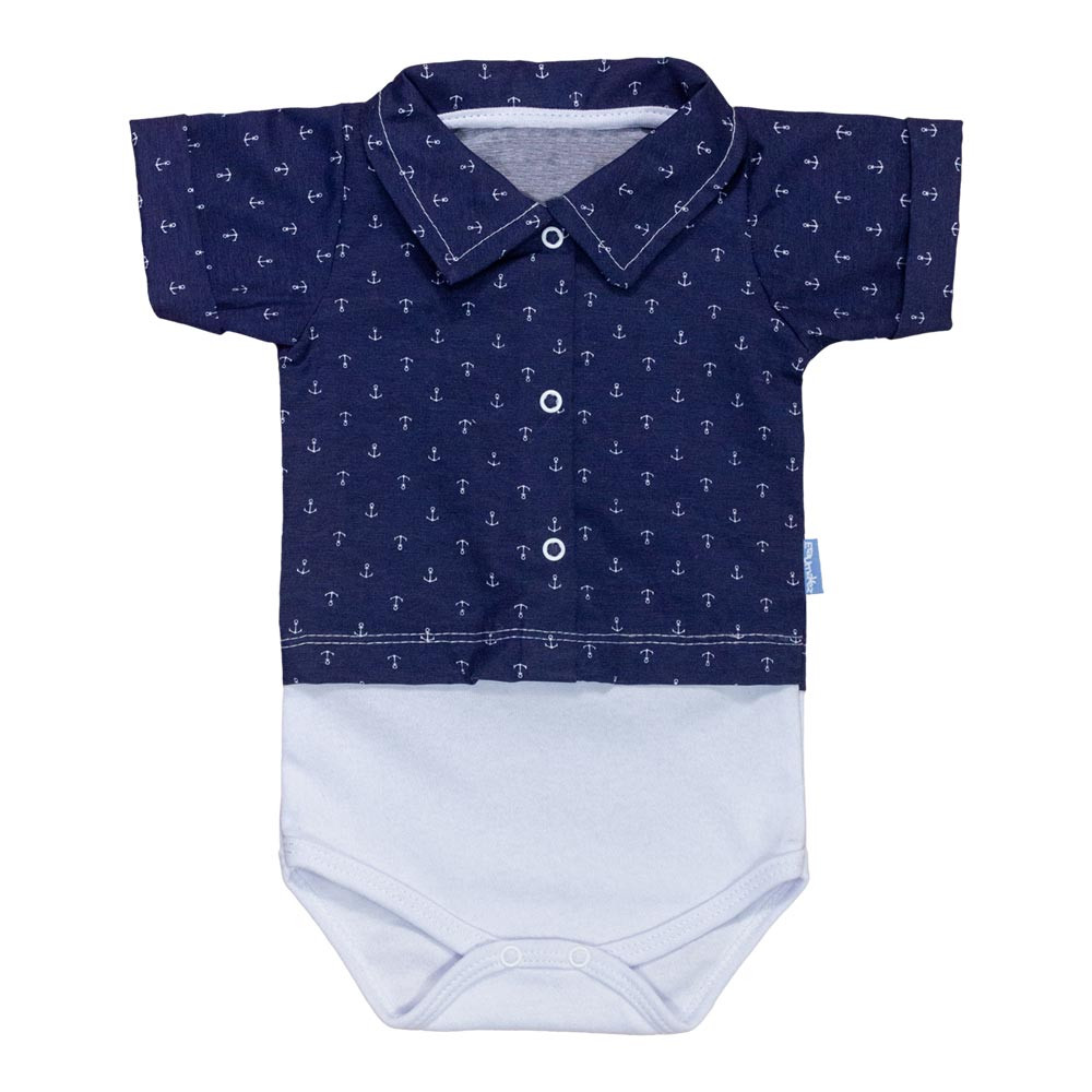 BODY CAMISA PARA BEBÊ MANGA CURTA EM TRICOLINE ANCORA MARINHO