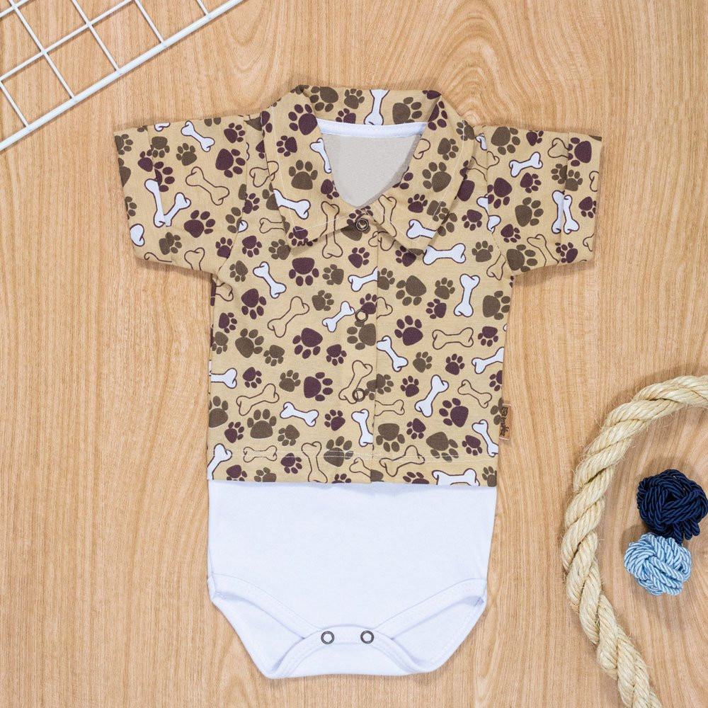 BODY CAMISA PARA BEBÊ MANGA CURTA EM TRICOLINE LOVE MY PET BEGE