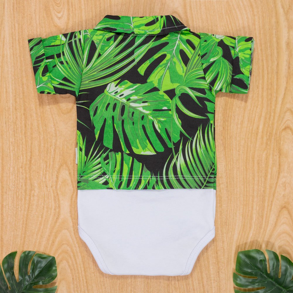 Body Camisa para Bebê Manga Curta Em Tricoline Folhas Verde