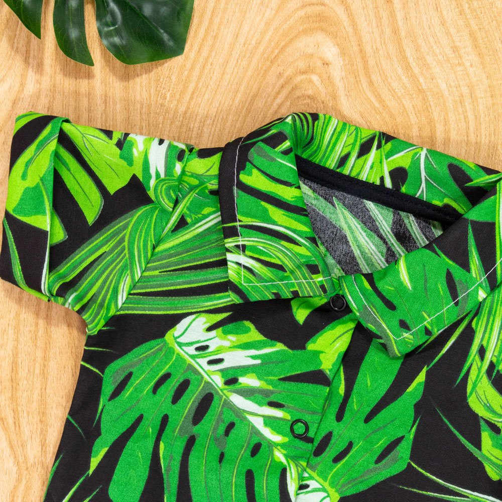 Body Camisa para Bebê Manga Curta Em Tricoline Folhas Verde