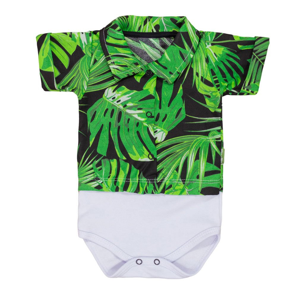 Body Camisa para Bebê Manga Curta Em Tricoline Folhas Verde