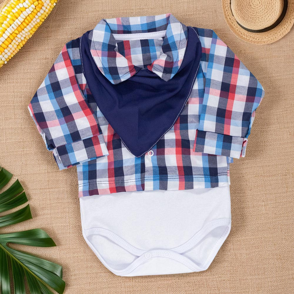 Conjunto para Bebês Body Xadrez e Bandana Azul Estilo Junino