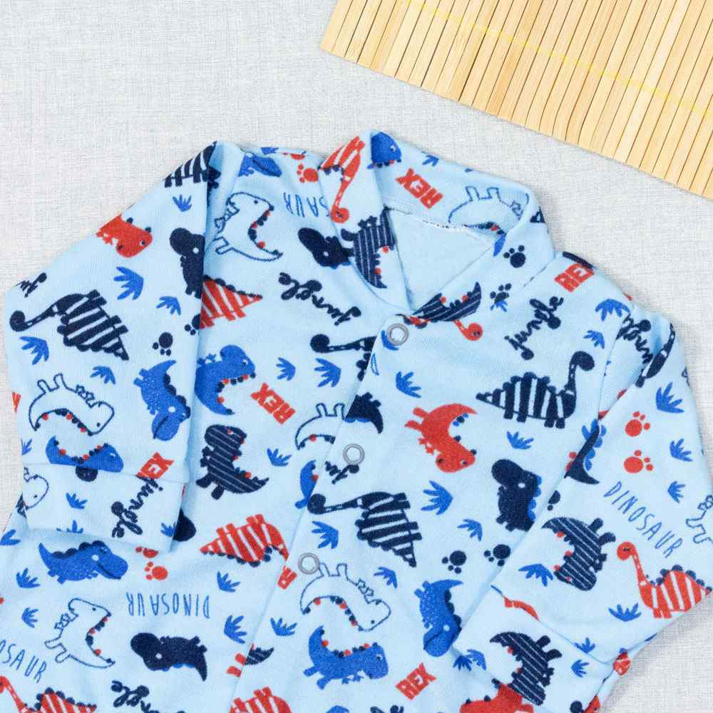 MACACÃO PARA BEBÊ LONGO 4 BOTÕES ESTAMPADINHO DINO AZUL CLARO