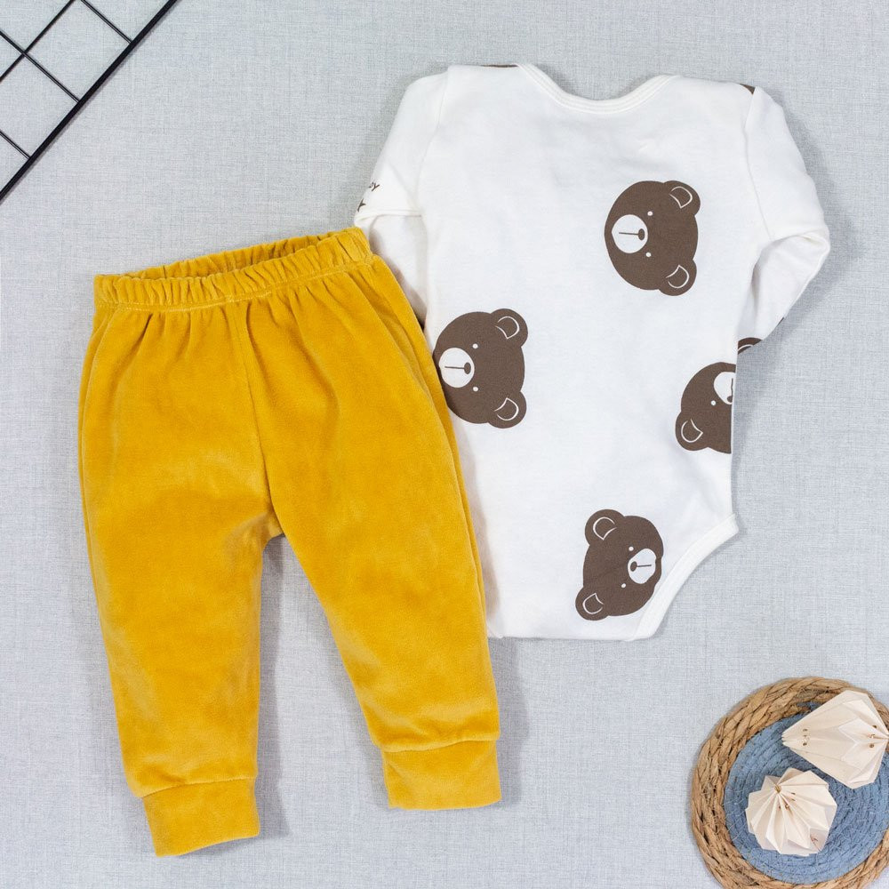 CONJUNTO PARA BEBÊ BODY E CALÇA PLUSH BORDADO URSINHO CREME