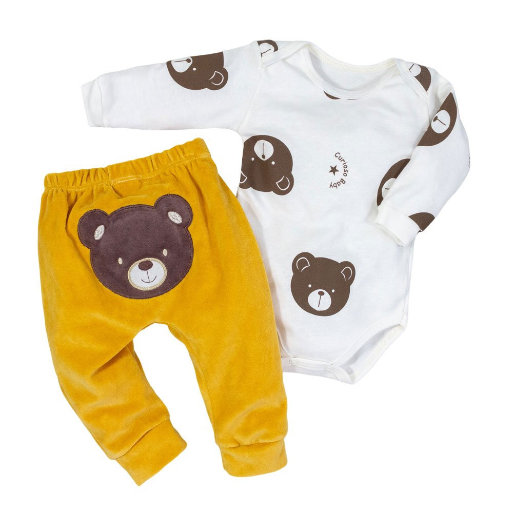CONJUNTO PARA BEBÊ BODY E CALÇA PLUSH BORDADO URSINHO CREME