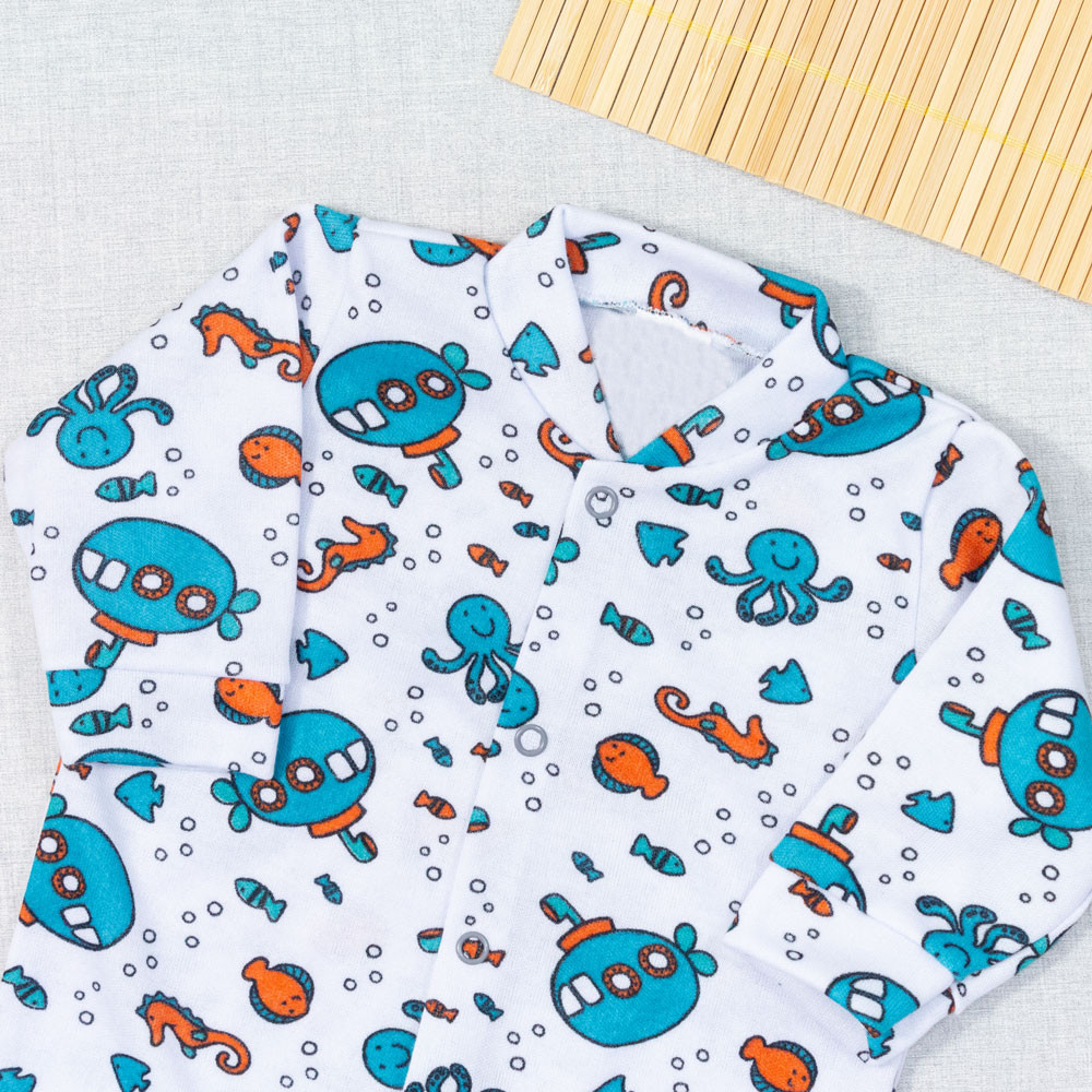 MACACÃO PARA BEBÊ LONGO 4 BOTÕES ESTAMPADINHO SUBMARINO BRANCO