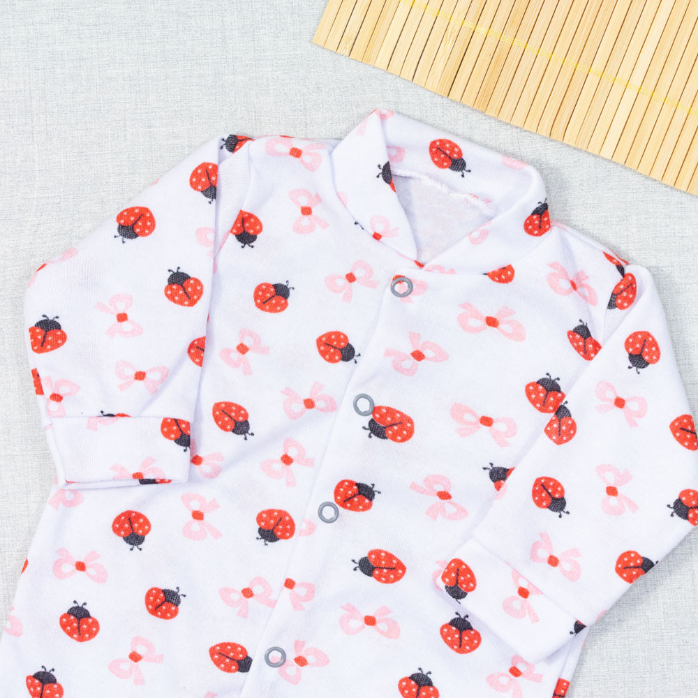 MACACÃO PARA BEBÊ LONGO 4 BOTÕES ESTAMPADINHO JOANINHA BRANCO