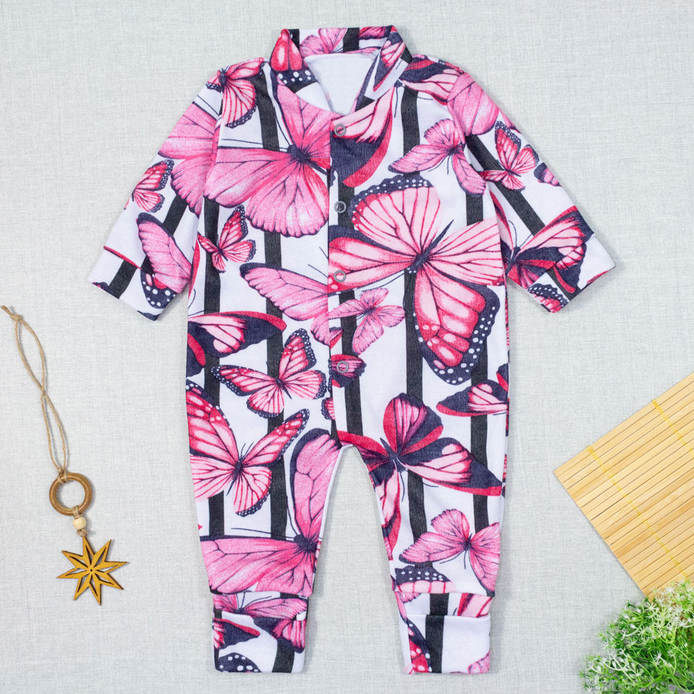 MACACÃO PARA BEBÊ LONGO 4 BOTÕES ESTAMPADINHO BORBOLETA BRANCO