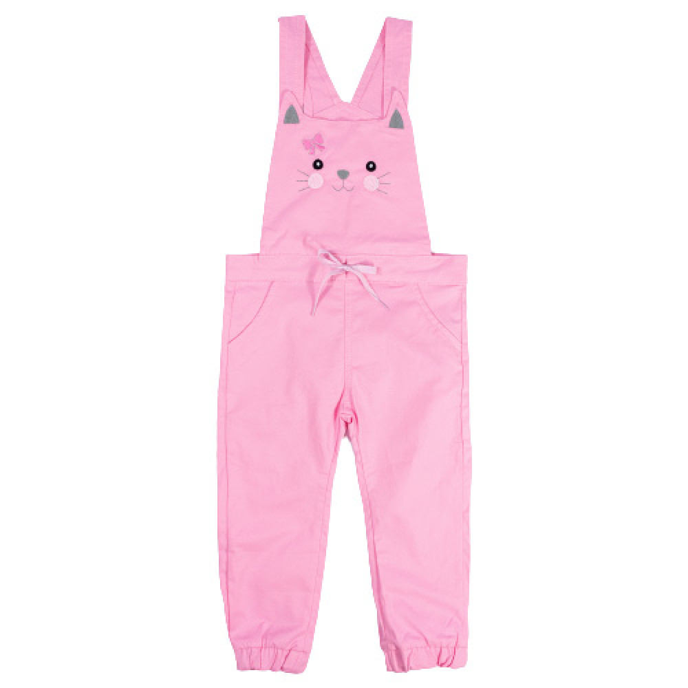 JARDINEIRA LONGA INFANTIL BORDADINHO GATINHA SARJA ROSA CLARO