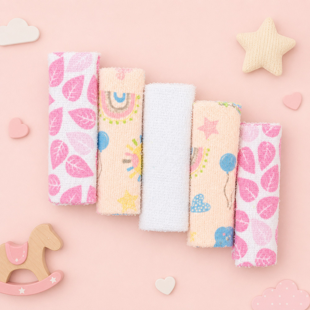 Kit 5 Toalhinhas de Boca Bebê Felpuda Estampada Para Meninas 32x25cm Algodão Hipoalergênico