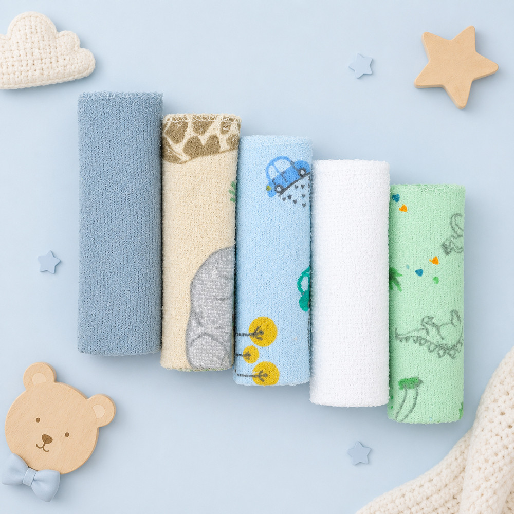 Kit 5 Toalhinhas de Boca Bebê Felpuda Estampada Para Meninos 32x25cm Algodão Hipoalergênico